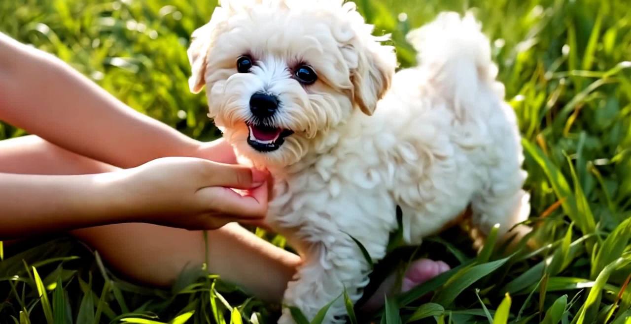 阳光下草地：卷毛比熊犬舔女孩腿部特写