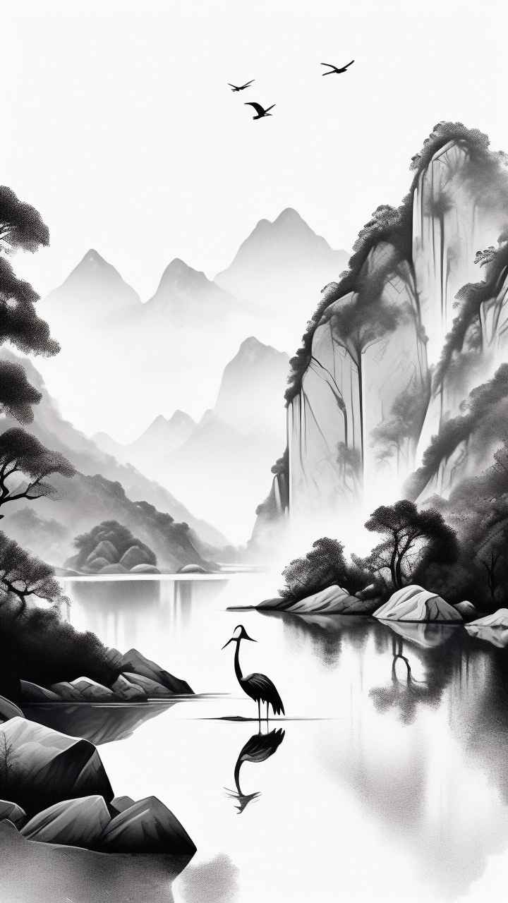 国风山水鹤插画背景 21