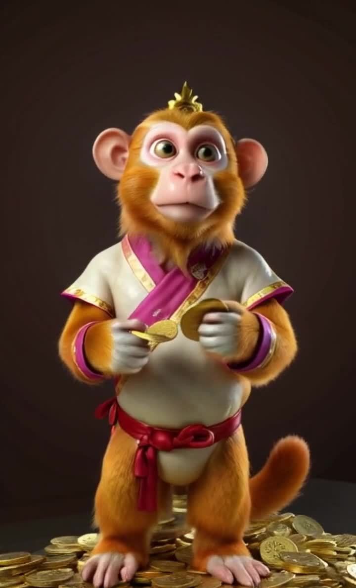 金冠汉服猴子手持金币，皮克斯风格特写