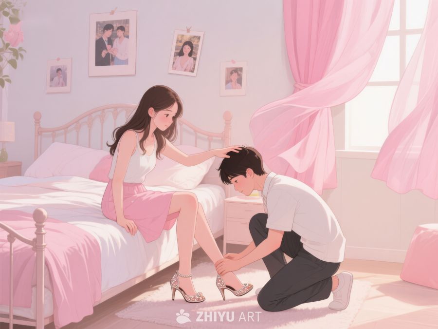 温馨卧室中，男子为女子穿鞋 839