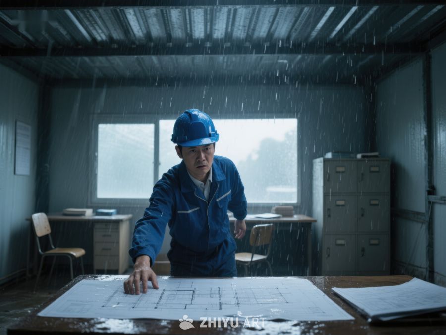 工程师在雨中审视建筑蓝图 79