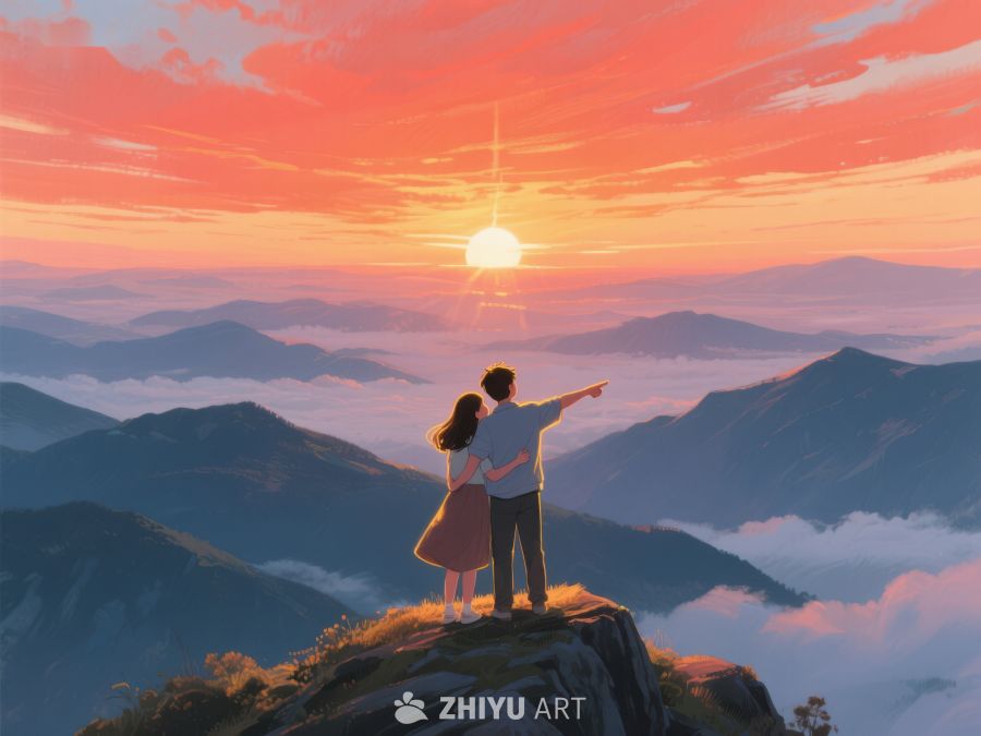 山顶情侣共赏日出美景 633