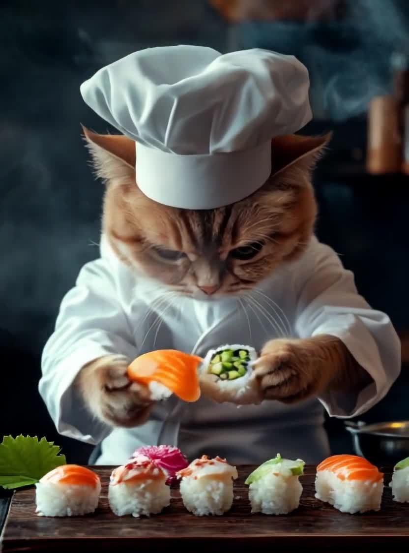 猫厨师制作寿司，美味寿司摆盘展示。