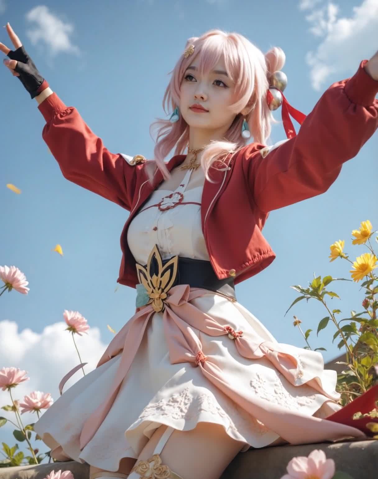 粉色头发女孩户外摆姿势，花与蓝天背景