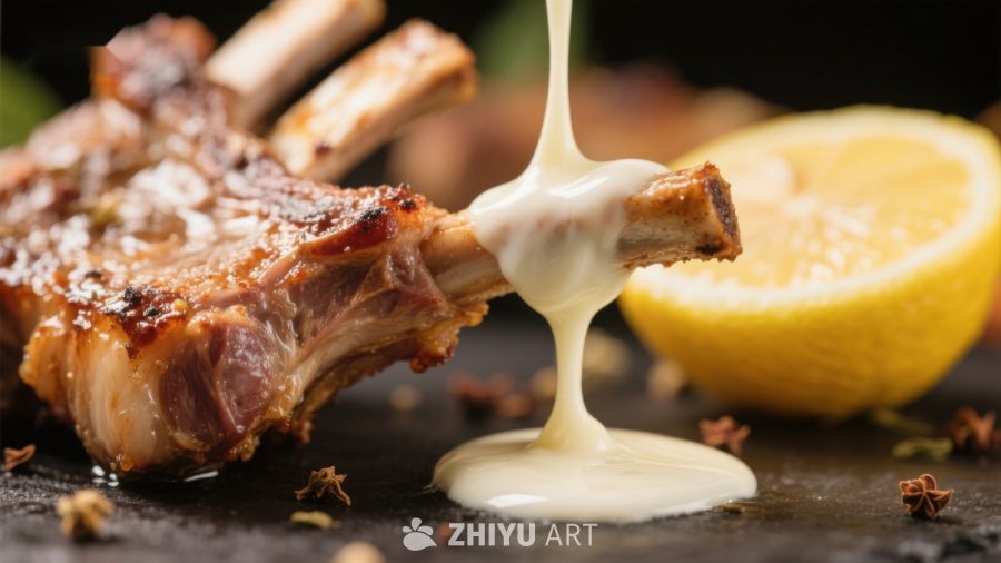 烤肋排淋上奶油酱，柠檬点缀