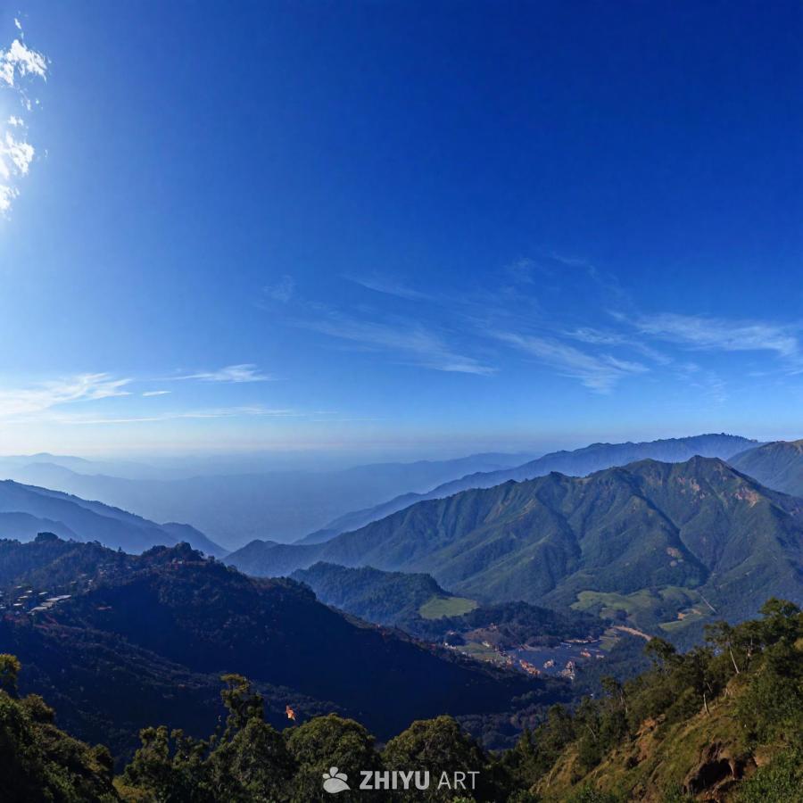 远眺视角下的山脉，蓝天为背景。从印度泰米尔纳德邦科