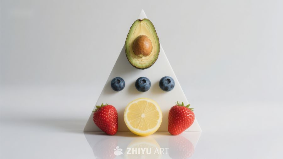 金字塔形排列的多种水果