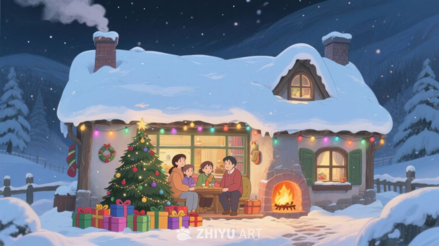 雪夜温馨小屋，家人共度圣诞 397