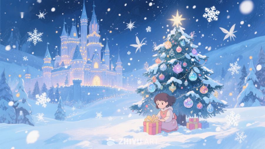 雪夜城堡前的圣诞树与小女孩 360