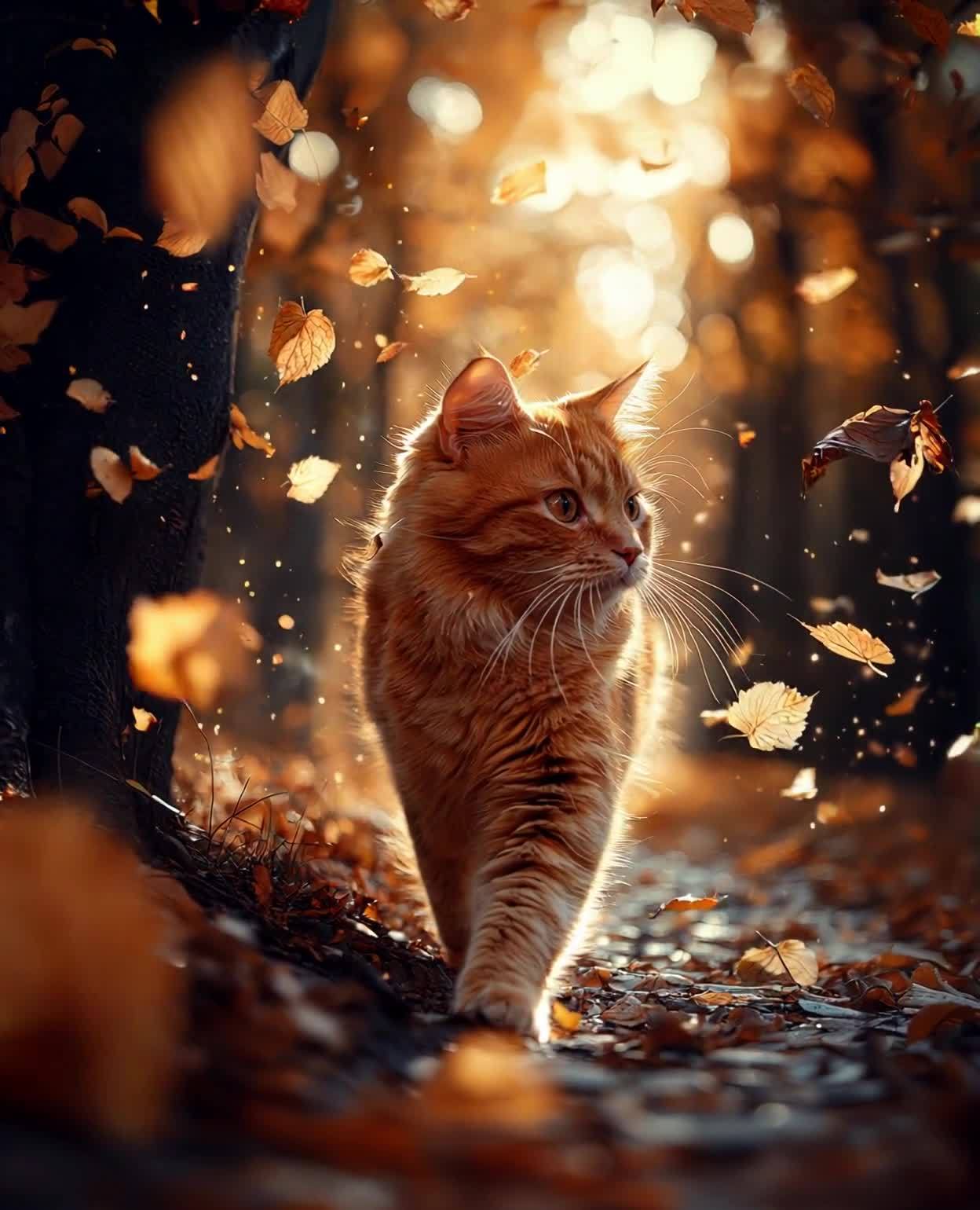 一只姜黄色的猫在铺满落叶的林间小路上慢慢行走。金色