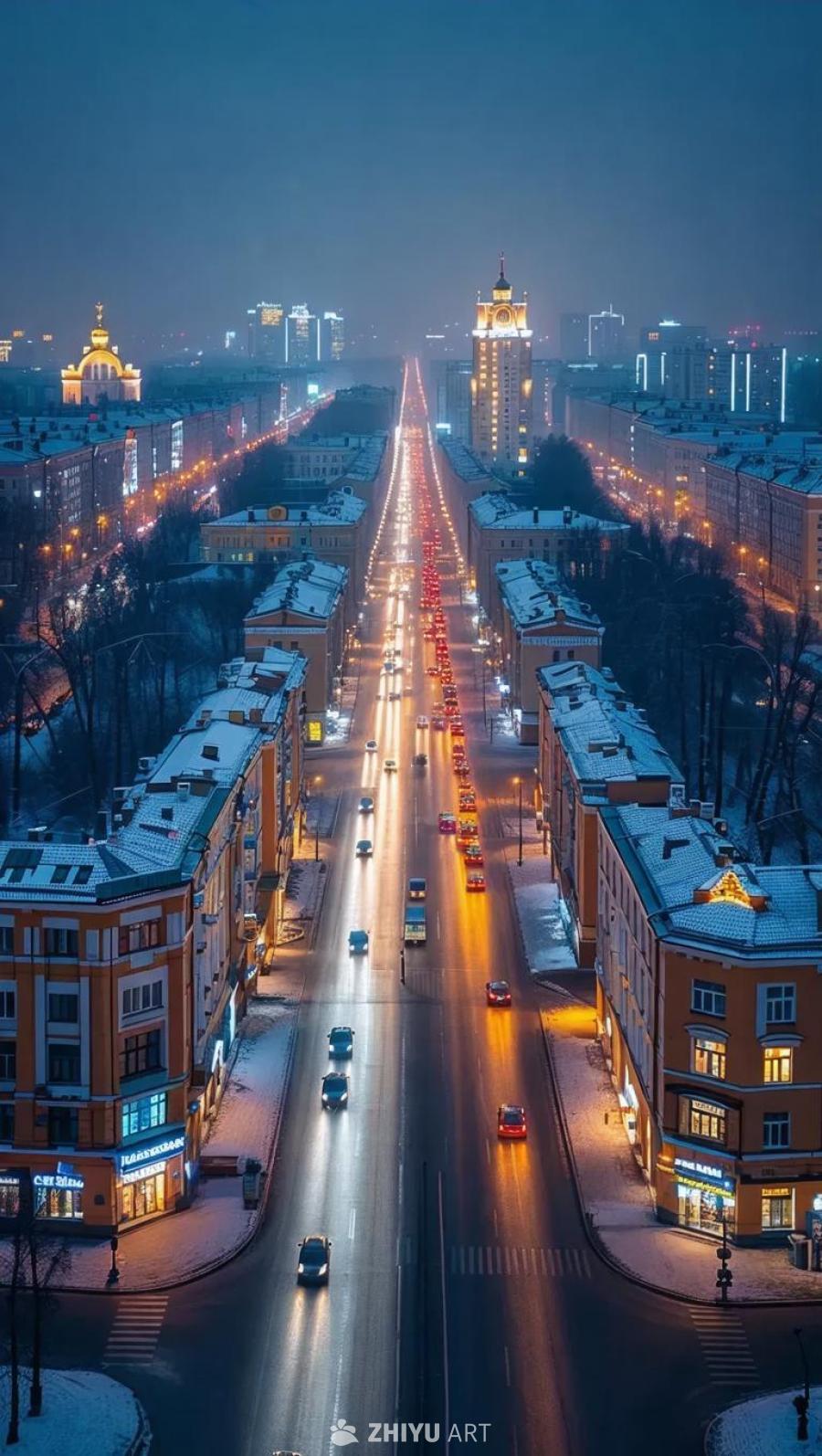 一条宽阔的街道在夜晚灯火通明，街道两旁是建筑风格统