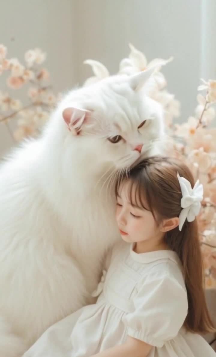 一只白色长毛猫靠着一个小女孩，猫的头部与小女孩的头