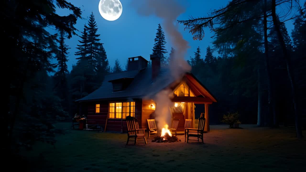 森林中的一座温馨小屋，外面燃烧着篝火，周围摆放着椅