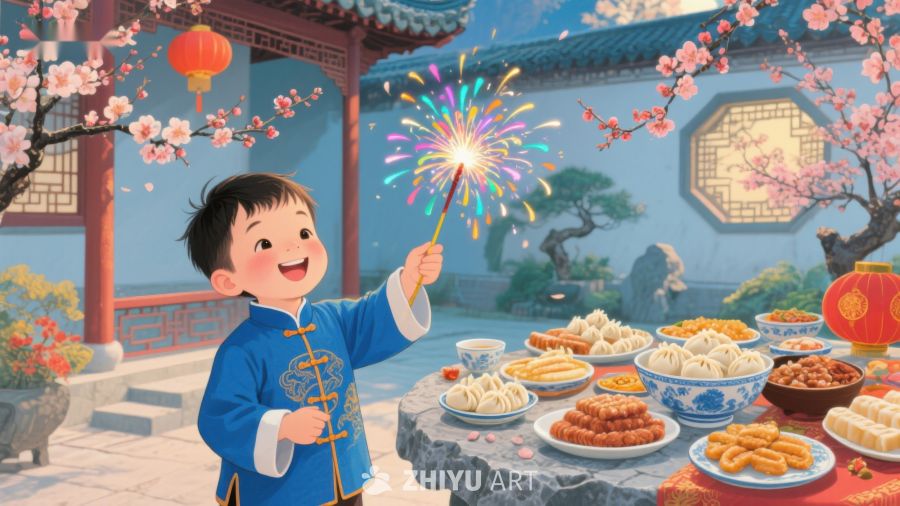 童趣春节：手持烟花与美食相伴 864