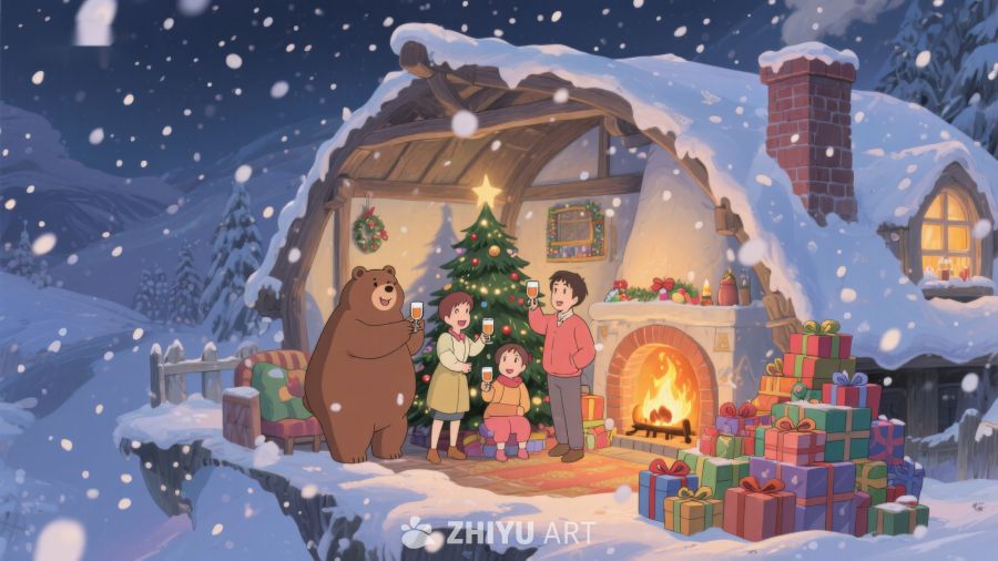 雪夜温馨家庭圣诞庆祝 402