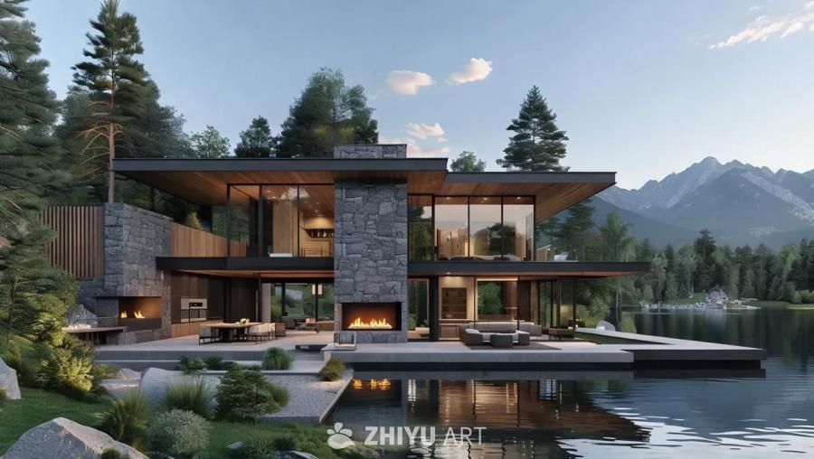 一座现代化的梦想住宅，周围环绕着茂盛的绿色植物和一