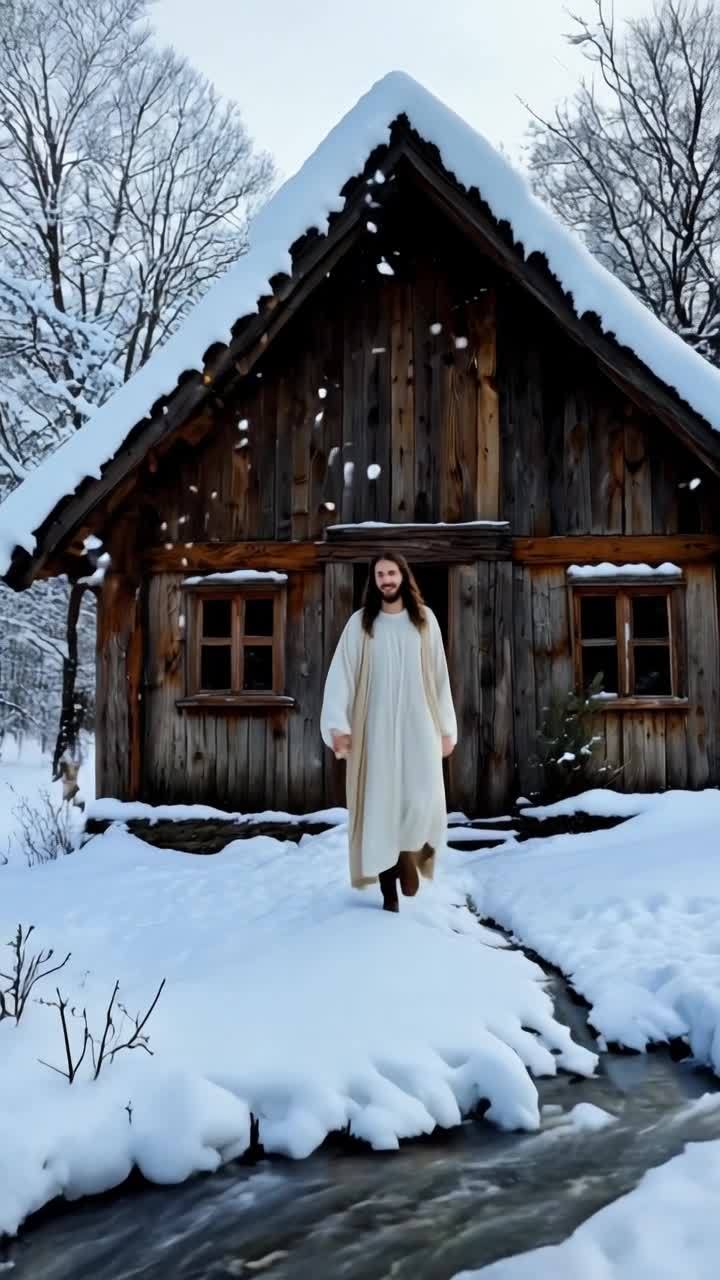 雪地里有一栋木制房屋，屋顶覆盖着积雪。一位长发男子
