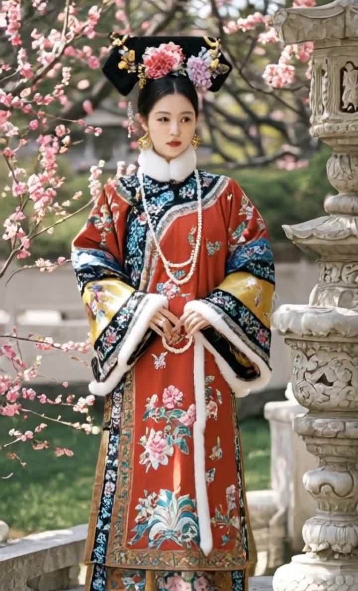 一名身着华美红色刺绣袍服的清代贵族女子，头戴缀有大