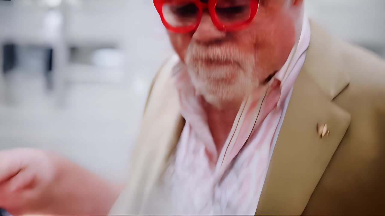 一个戴着蓝色帽子和红色眼镜的男人，穿着米色外套和粉