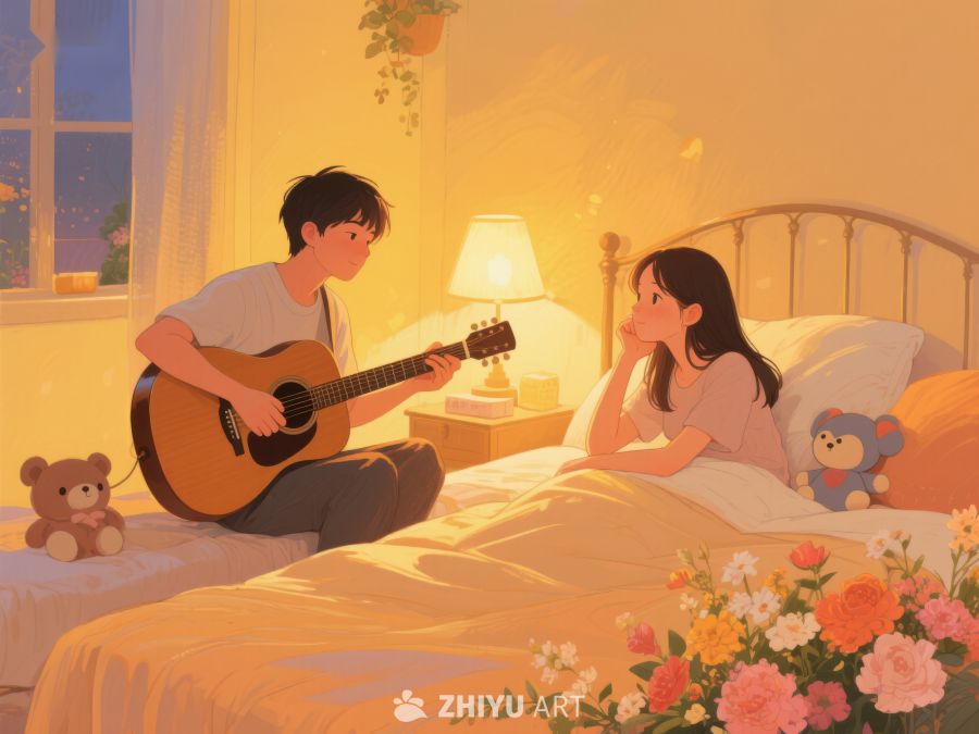 温馨夜晚，吉他伴奏下的床边时光 828