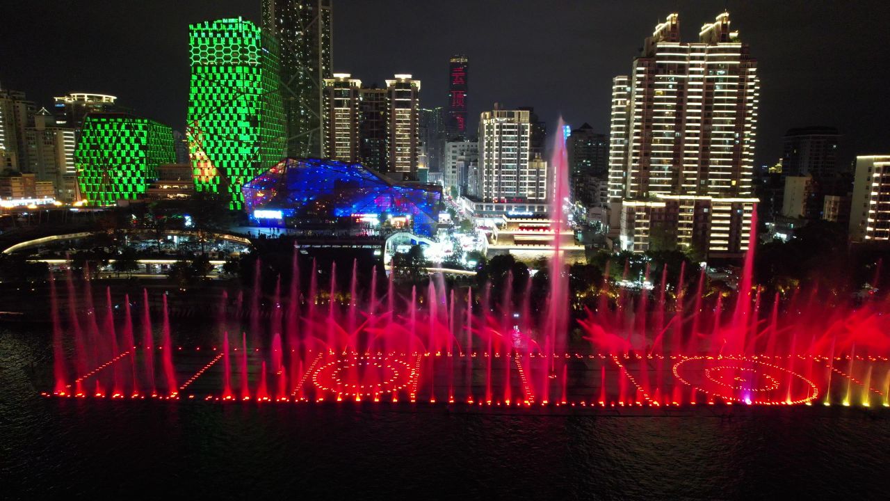  广西柳州音乐喷泉夜景航拍