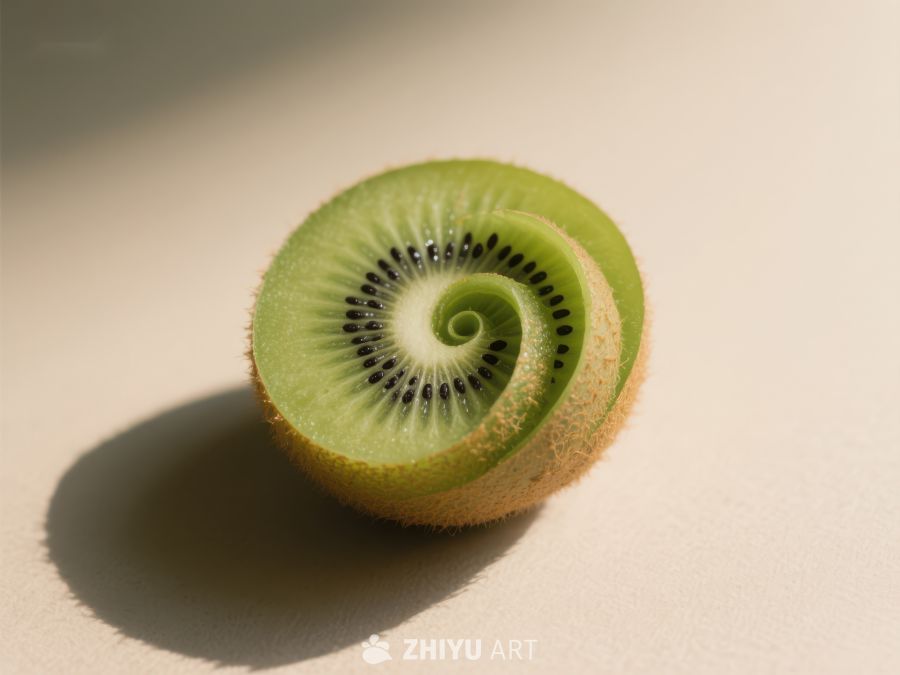 切开的奇异果，展示绿色果肉和黑色种子 375