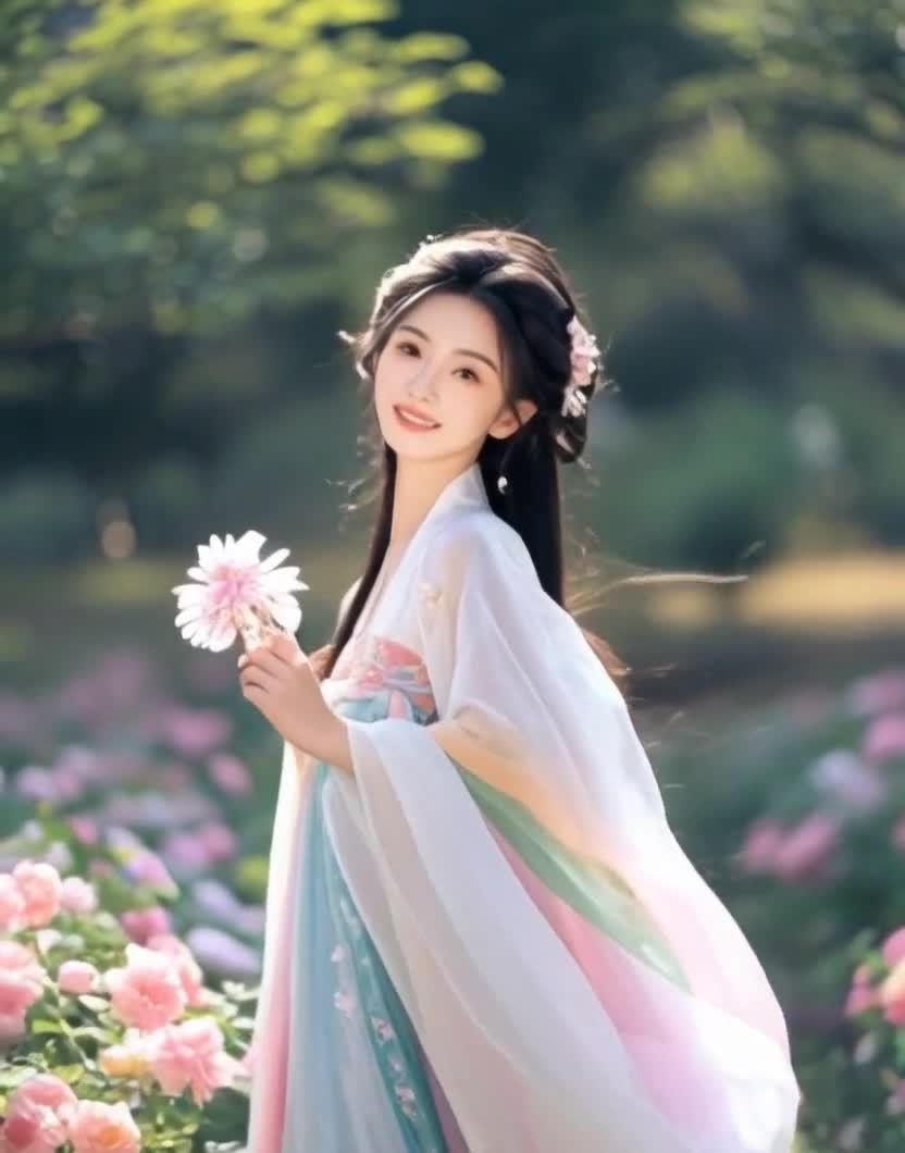 一名年轻女子身穿汉服，站在一片花丛中，手持一朵白色