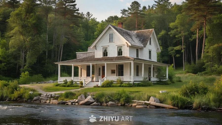 一栋白色双层小屋坐落在绿树成荫的河岸边。小屋有灰色