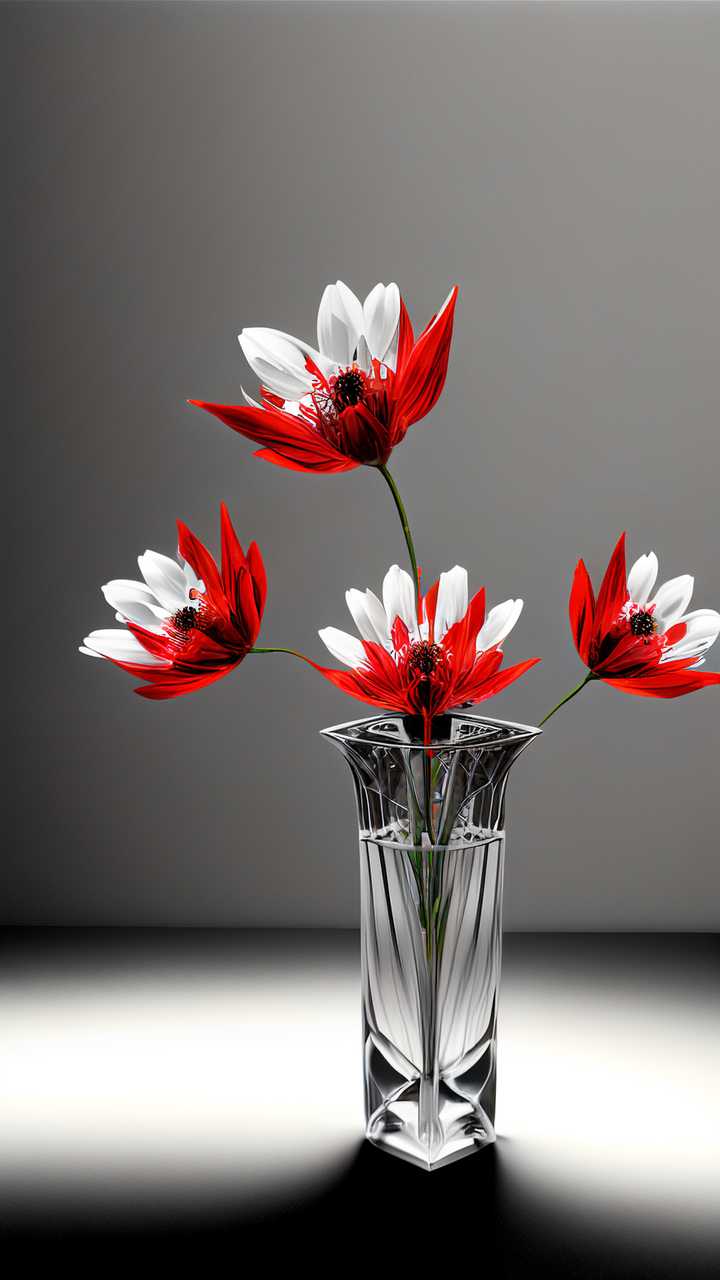 水晶花瓶的小白花和一个红色的花