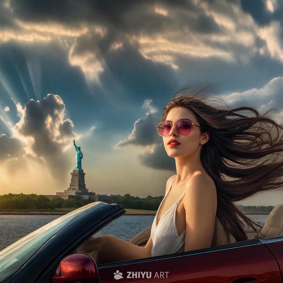 一位戴着粉色墨镜的年轻女性坐在红色敞篷车里，海面和