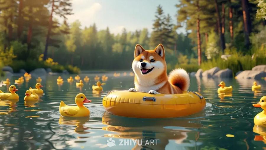 一只柴犬漂浮在平静湖面的黄色充气船上，周围环绕着一