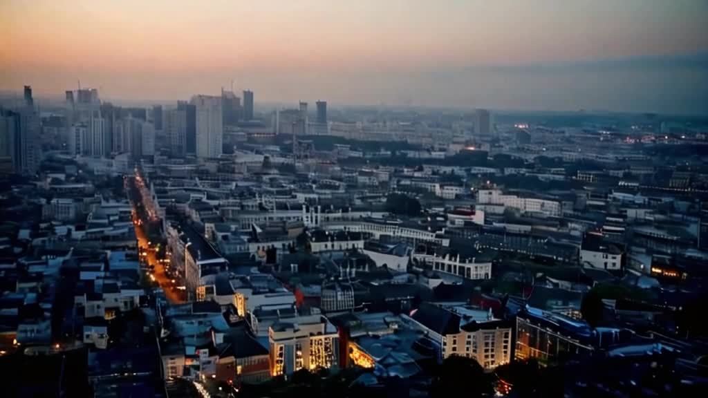 城市在黎明时分呈现鸟瞰视角，天际线沐浴在第一缕阳光