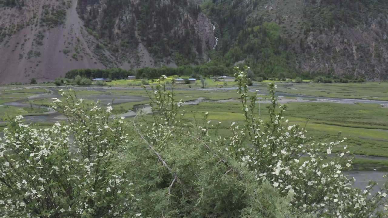 高山绿谷中蜿蜒河流与村落
