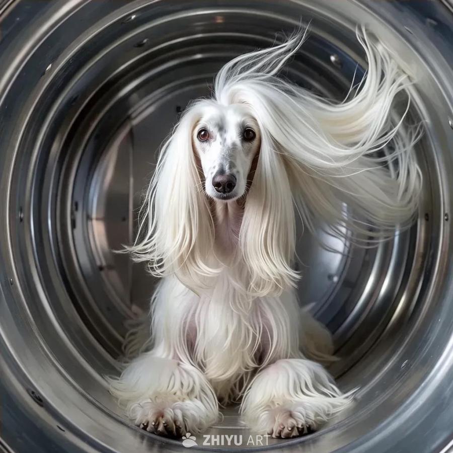 一只白色的阿富汗猎犬坐在一个风洞里，它的长长的毛发