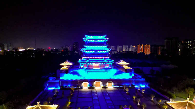  航拍江西抚州拟岘台夜景灯光 