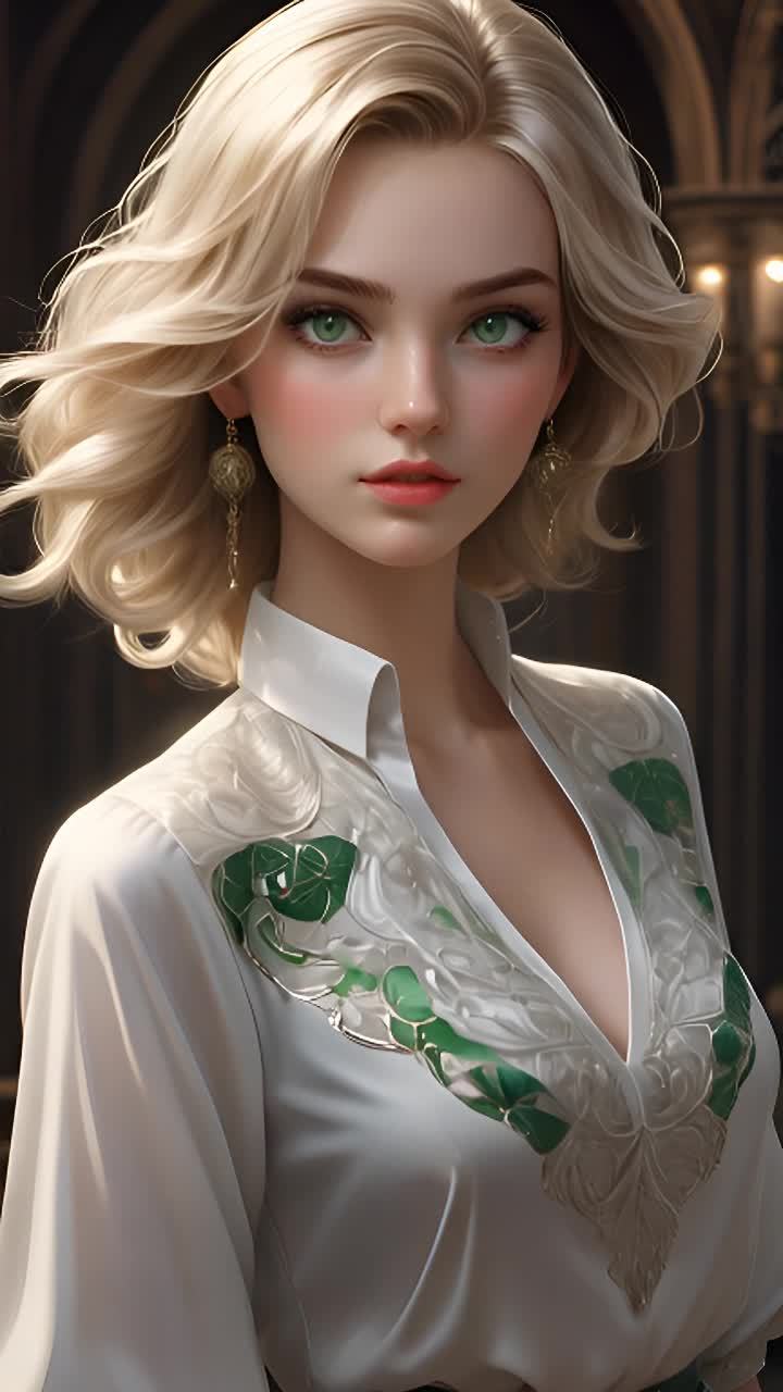 一个有着金色波浪短发、绿色眼睛的女性，穿着一件白色