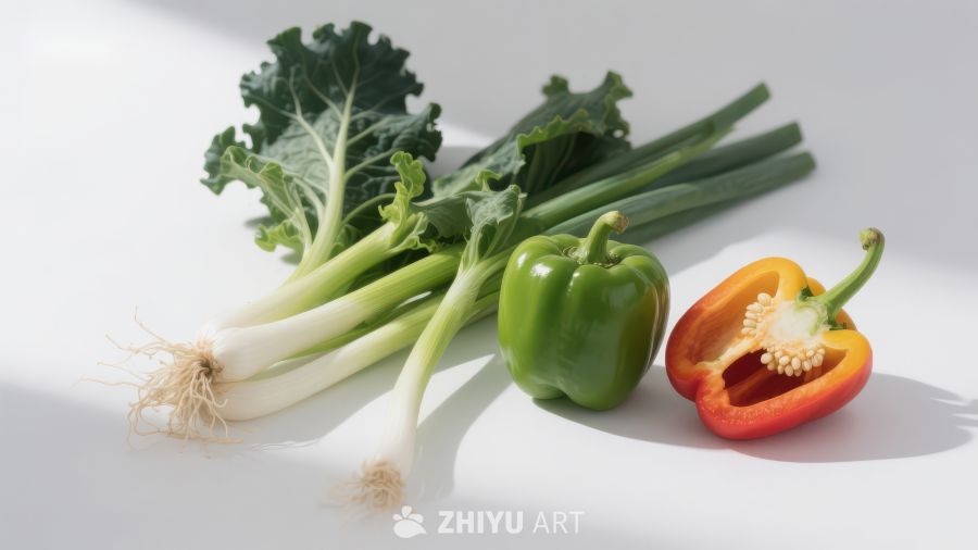 新鲜蔬菜组合：青椒、红椒与绿叶菜