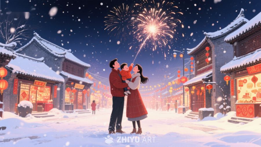 雪夜烟花下的温馨一家 114