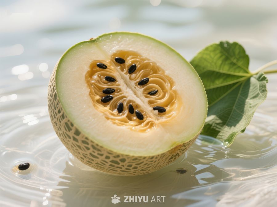 新鲜哈密瓜切面，置于水面之上 595