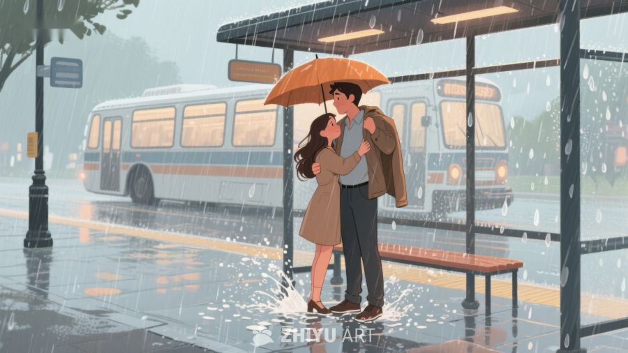 雨中公交站的温馨拥抱 645