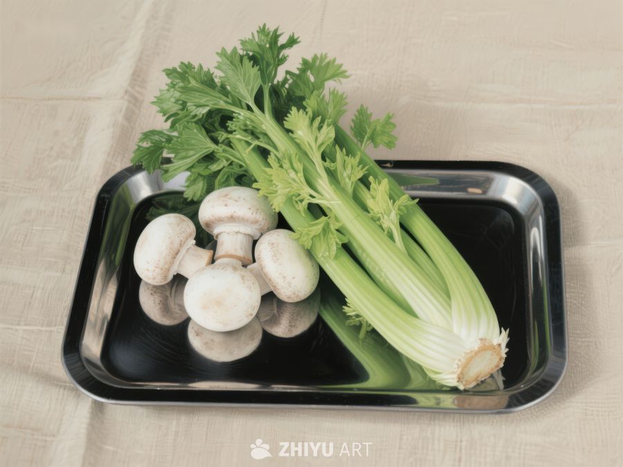 蘑菇与芹菜置于黑色托盘 73