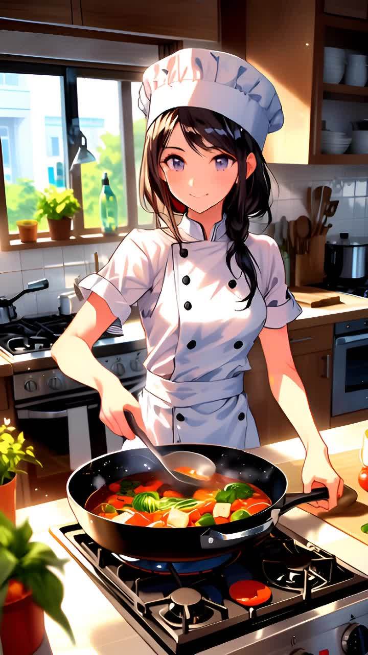 一个动漫风格的年轻女性在厨房里。她戴着白色厨师帽，