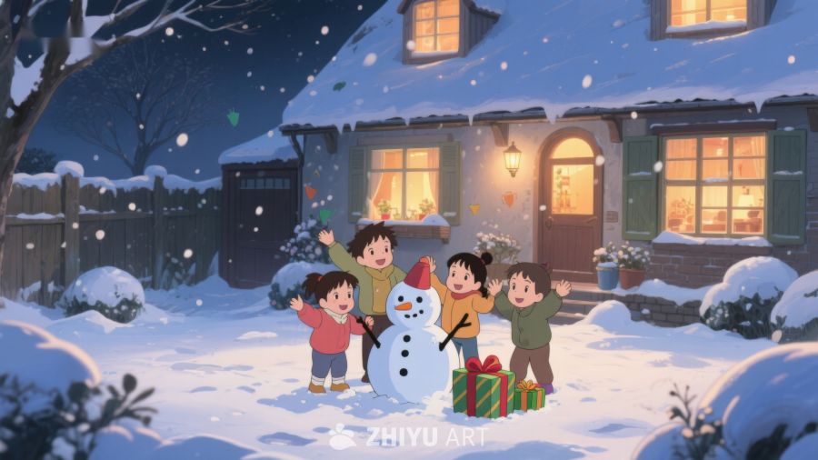 冬夜温馨，孩童雪人共欢庆 73