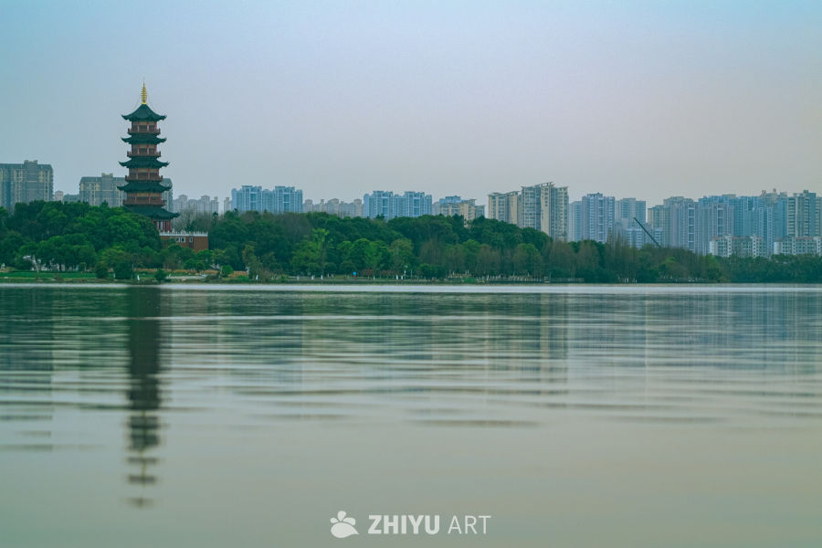 湖畔古塔与城市风光