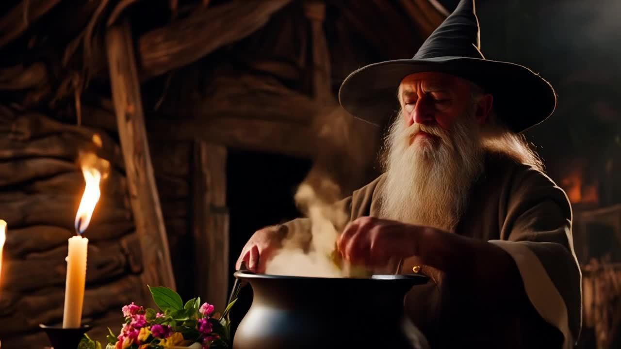 一个老巫师在他简陋的小屋里，正在一口大锅里熬制魔法