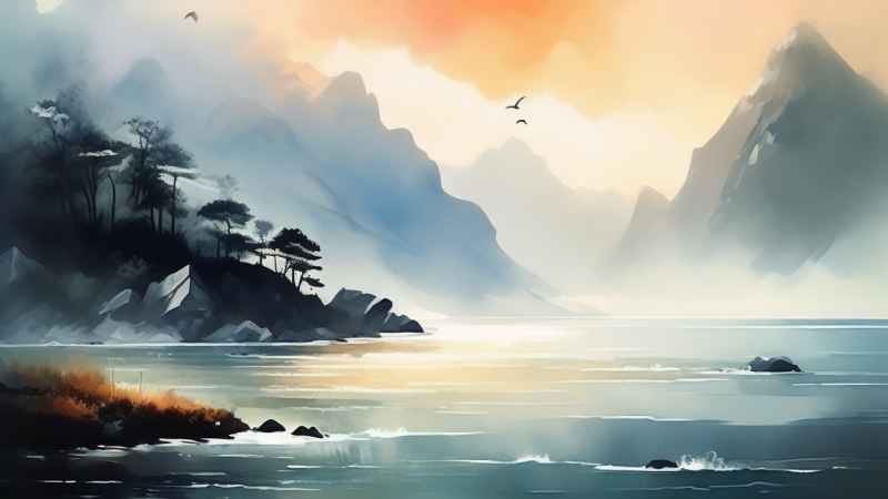雾气缭绕水墨山水画简约风格 15