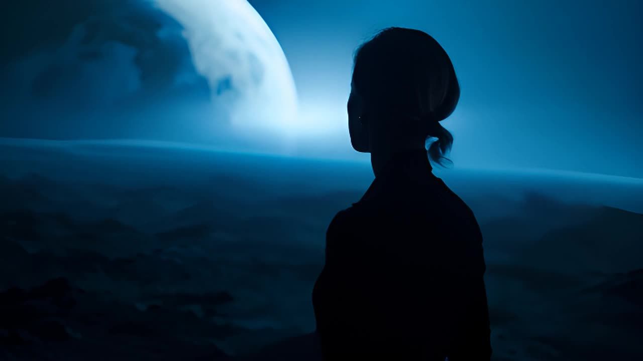 远处可见一颗遥远的行星，而在更远的地方，蓝色的地球