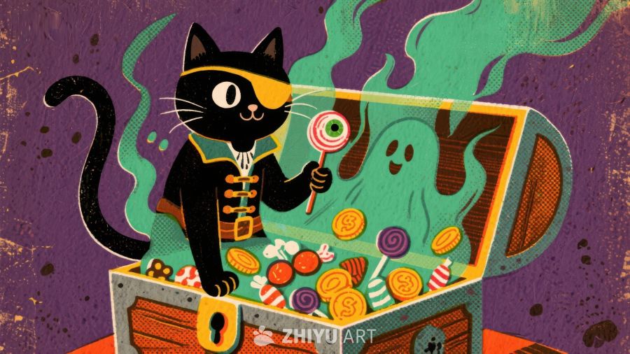 黑猫手持棒棒糖，打开糖果宝箱