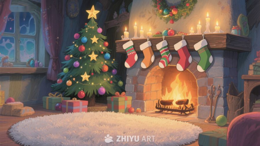 温馨圣诞夜的室内场景 319