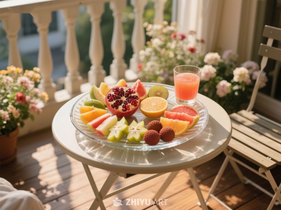 阳台上的水果拼盘与花香 674